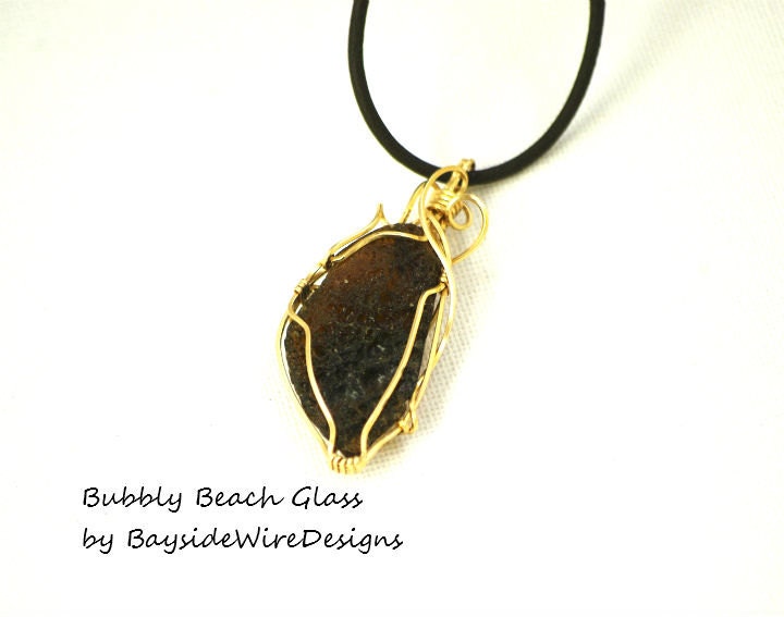 Handmade Gold Wire Wrap Lava Brown Beach Glass Necklace Leather Boho Sea Glass