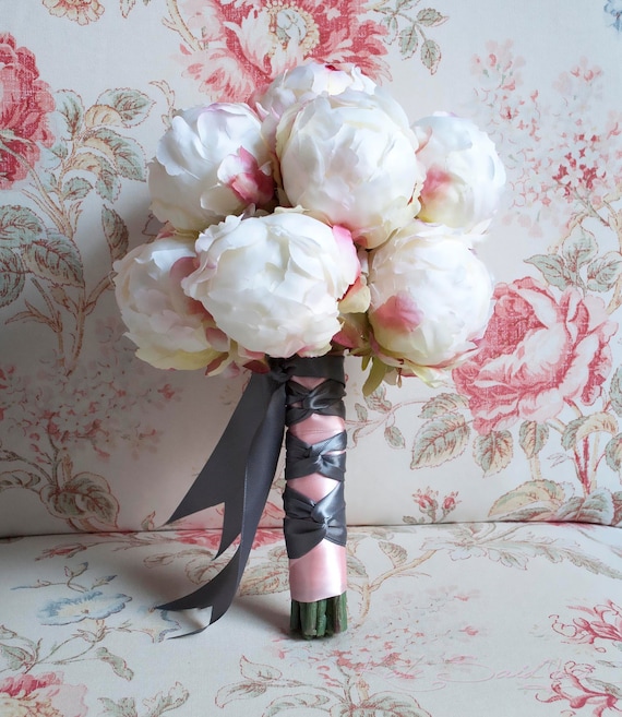 Ivory Peony Wedding Bouquet - Ivory Blush and Gray Wedding Bouquet