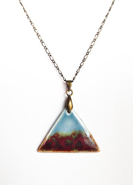 handmade triangle pendant necklace in red and blue glaze