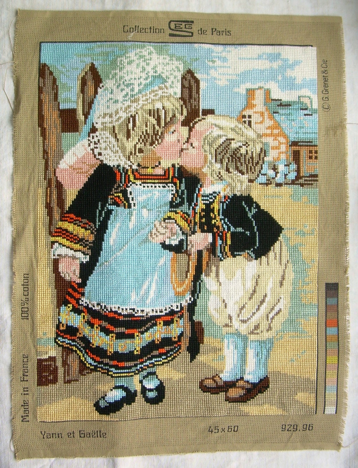 vintage needlepoint, couple of Brittany children in folks traditional clothes, celtic costume, girl and boy. cross stitch, France, Paris
