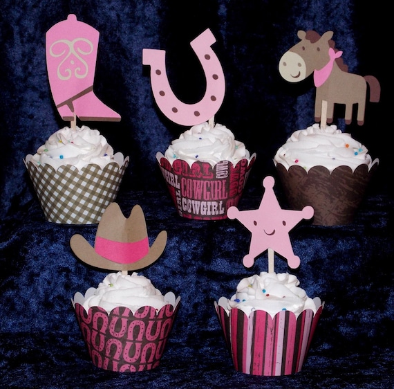 12 Cowgirl Cupcake Toppers Cow Girl Western Paper Pieced topper ... pink and brown Il_570xn