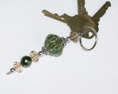 Olive Green Yellow and Silver Bead Key Ring - beaded key fob