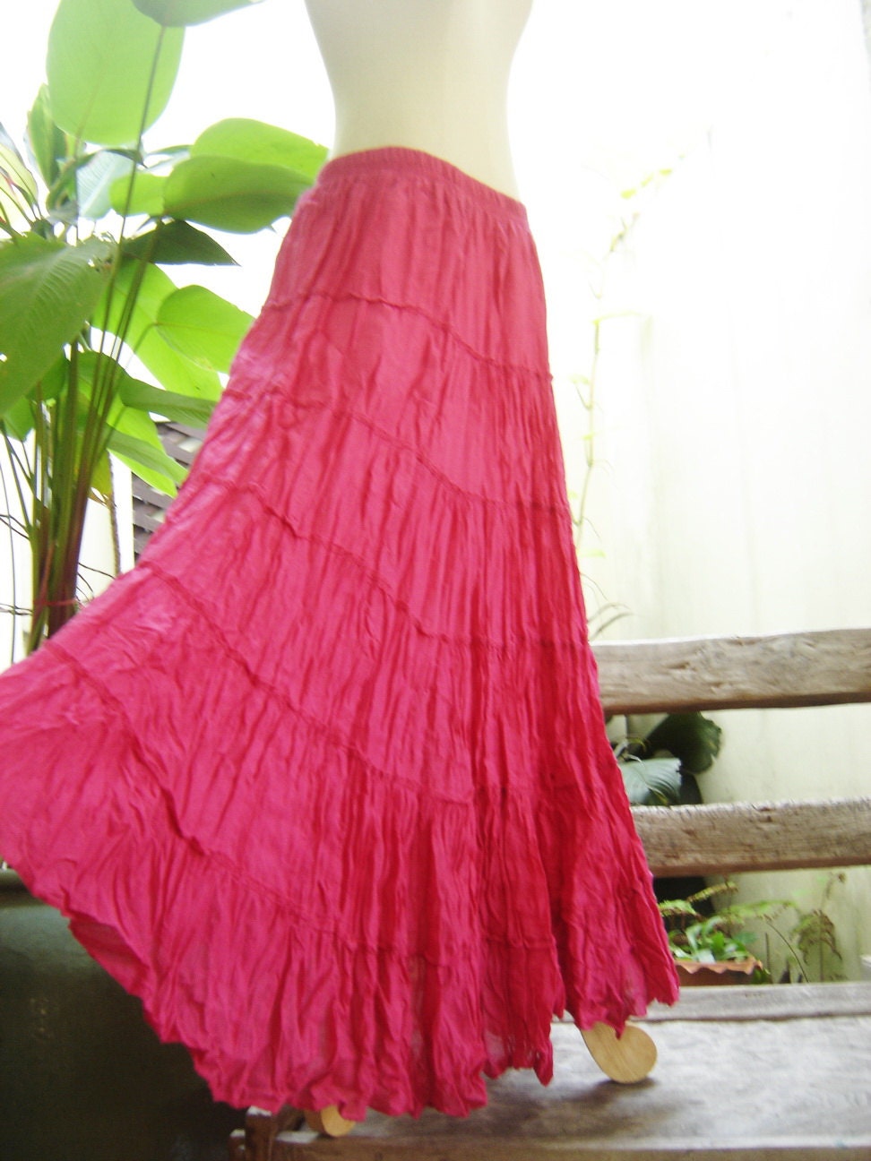 Ariel on Earth - Boho Gypsy Long Tiered Ruffle Cotton Skirt - Deep Pink
