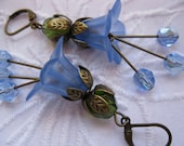 Velvety Blue Bellflower Earrings with Antique Brass Leafcaps