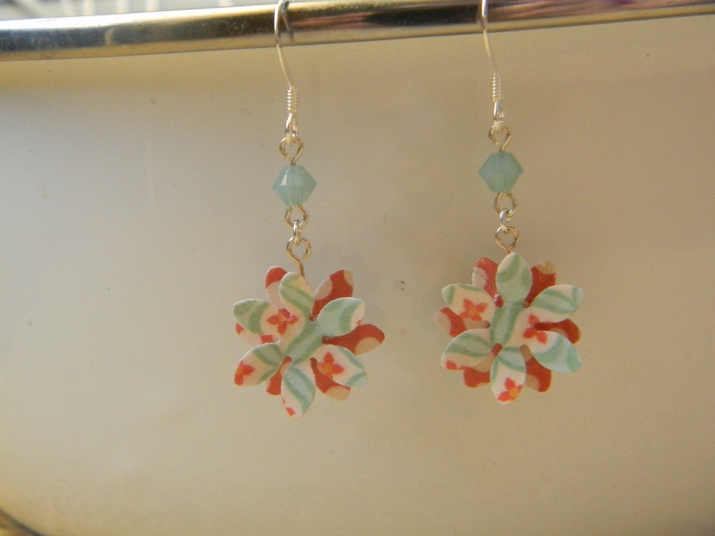 Paper Flower Earrings - Teal and Orange Dangle Earrings with Swarovski Crystals
