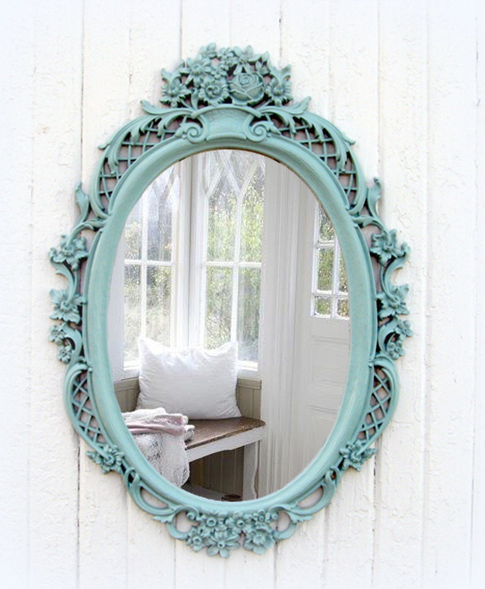 Vintage Mint Oval Mirror Shabby Chic Beach Cottage