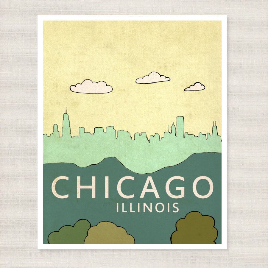 Chicago City Skyline Art Print - Chicago No.2 - Travel City Skyline Illustration and Typography Poster