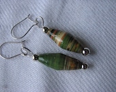 Upcycled paper bead earrings, green peach
