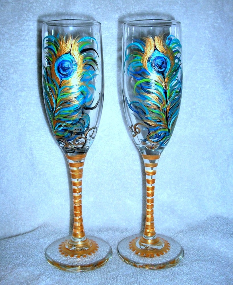 Handpainted Champagne Flutes Hand Painted Peacock Feathers Set of 2, Peacock Wedding,Anniversary,Gift