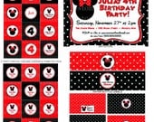 DIY-Printable: Personalized Red Minnie Mouse Birthday Party Set - 13 items (invitation, party circles, water bottle labels, banner & more)