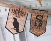 Victorian Inspired "SPOOKY" Halloween Banner featuring Gothic Style Lettering with Ravens & Chandaliers