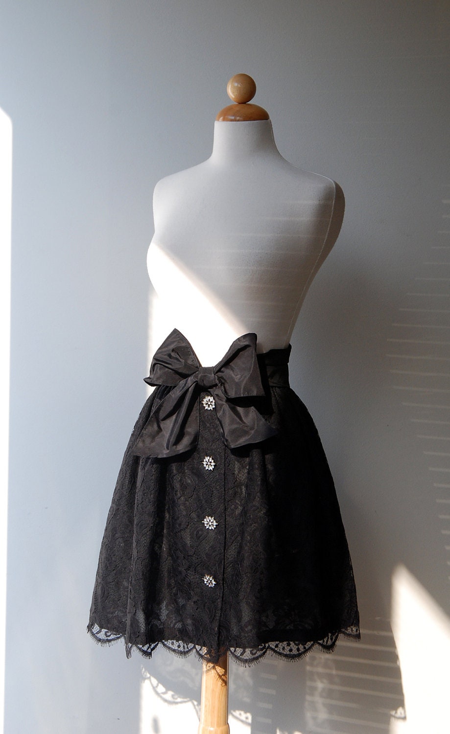 Holiday Lace adult skirt with sparkly buttons and silk taffeta sash, Black Lace, Ready-to-ship, Custom size.