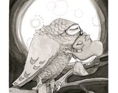 Giclee Print, 2012 Word.A.Day.Illustration print, owl and squirrel hug under the moon