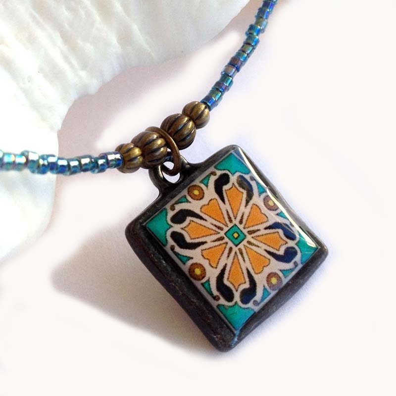 Tile Design Spanish, Mexican, Catalina Island Tile, Inspired, Aqua Blue Glass and Black Pewter Beaded Necklace