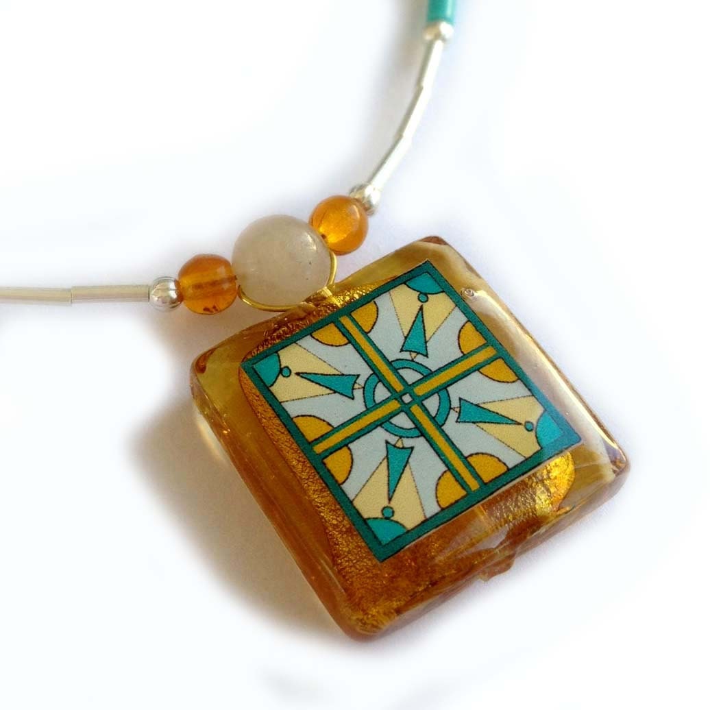 Tile Design, Catalina Island, Mexican, Spanish and Mediterranean Tile Inspired Turquoise, Amber Glass and Silver Beaded Necklace
