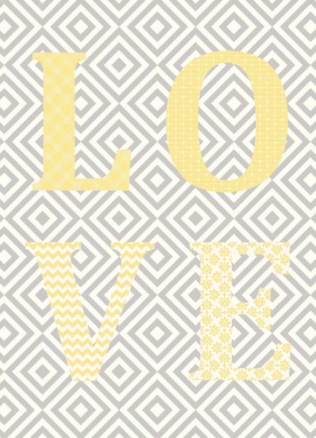 Love print in yellow with grey background, 5x7 size