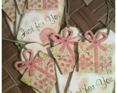 Handmade Gift Tags All Occasion ON SALE Inked Stamped Pink Olive Sage Green Polka Dot Gift Box Just For You Art Deco