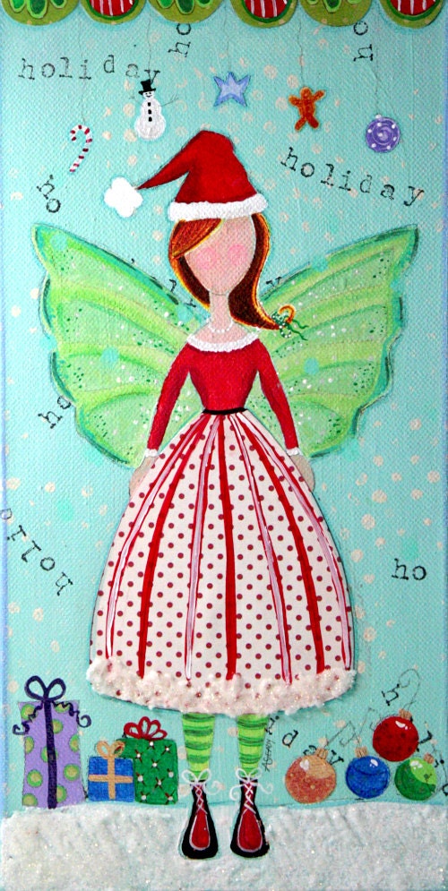 Original Painting - Mixed Media Art - Acrylic Painting - 6x12 canvas - Red and Green Holiday Angel on Etsy