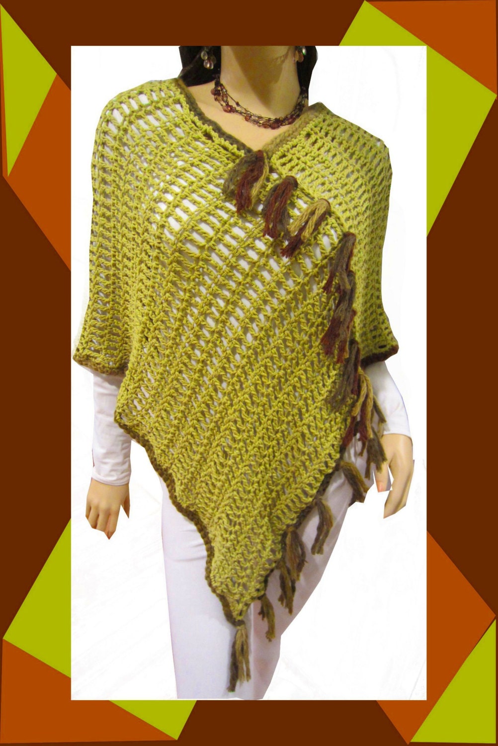Womens Poncho , Funky Handmade Ponchos , Boho Poncho , Avocado Green With Brown/Green Trim , Handmade Crochet 100% Cotton
