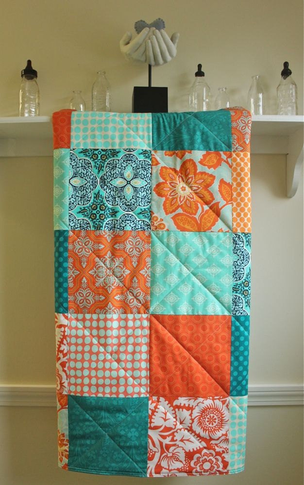 Crib Quilt - Modern Baby Quilt - Turquoise and Tangerine - Aqua and Orange