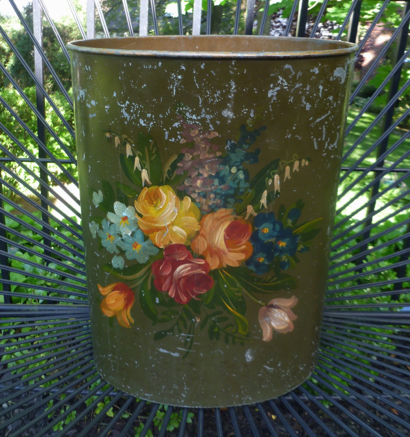 Tole Waste Basket. Vintage 1950s. Hand-Painted Roses Flowers on Metal. Cottage Shabby Chic Farmhouse Decor.