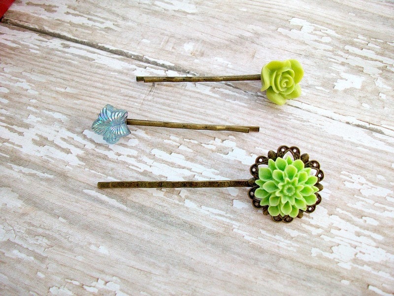 Floral Hair Accessories, Womens Flower Bobby Pins, Apple Green Dahlia, Chartreuse Rose, Blue Leaf, Set of Three (3)