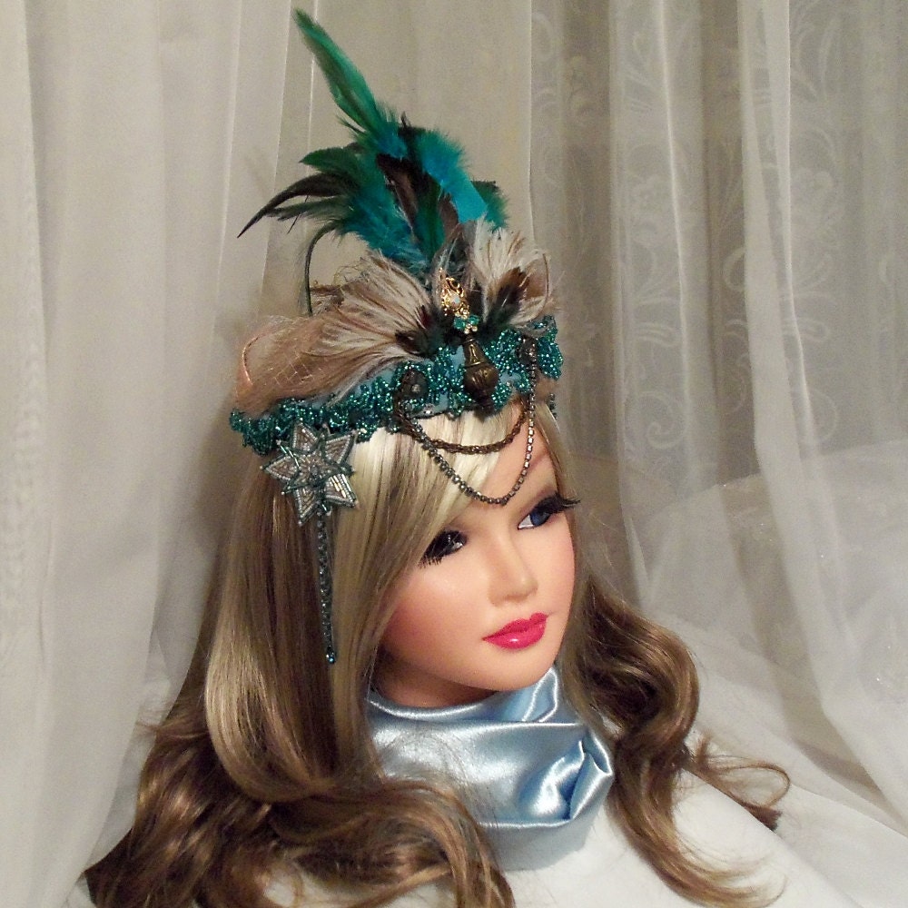Champagne n Blue Hat, Avant Garde feather fascinator, Neo Victorian Fur Trimmed Headpiece, blue, peach n brown, Unique OOAK