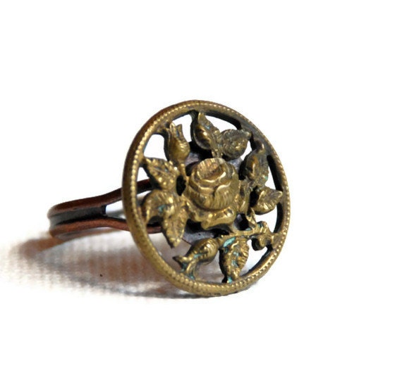 Victorian Brass Button Ring, open cut rose