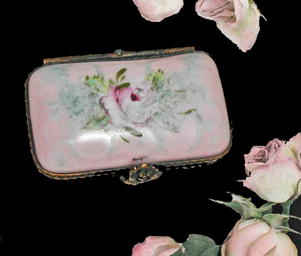 Hand Painted Limoges Porcelain Pill Box in Pink and Green