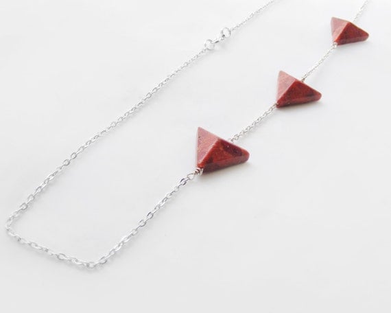 Coral arrow necklace, tribal triangle necklace, silver geometric jewelry, long coral necklace