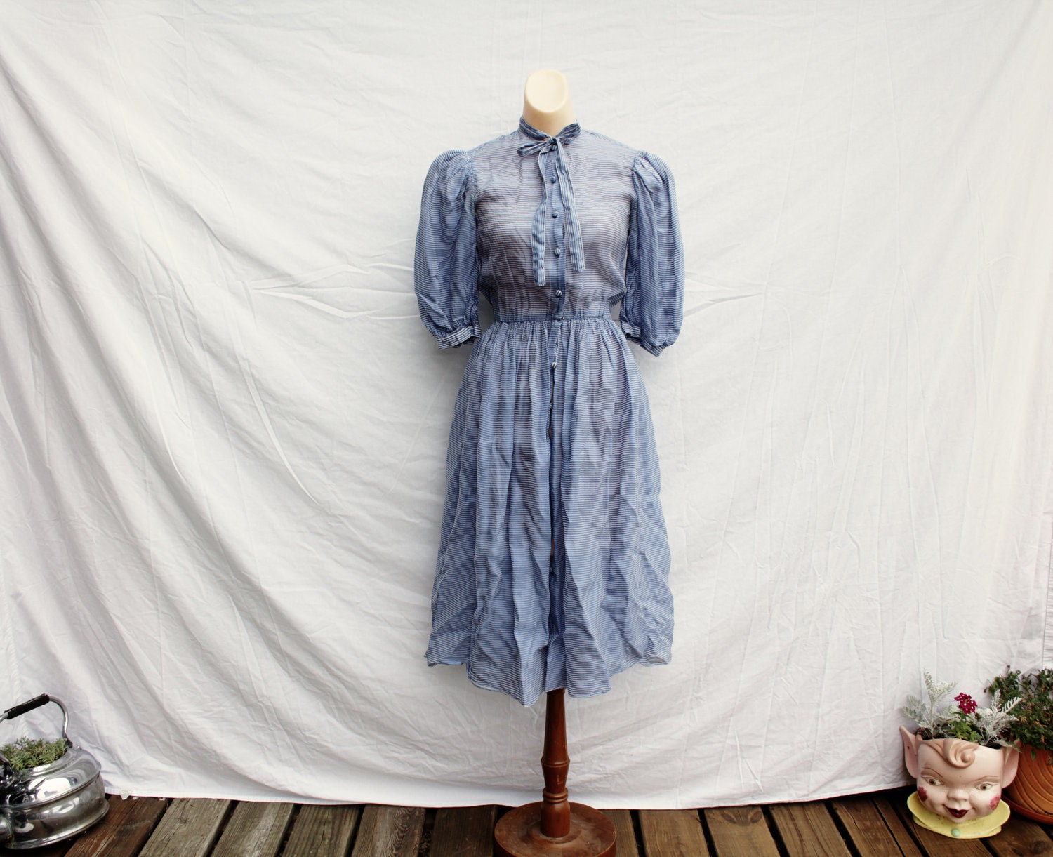 1930's Sheer Blue and White Stripe Dress