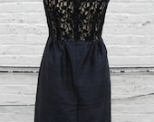 Navy Shantung Scoopneck Cocktail Dress with Lace Back