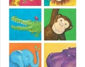 Zoo Poster, Wild Animal Art, Children's Art, Monkey, Elephant, Hippo, Alligator, Lion