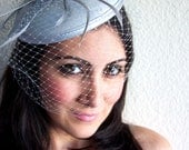 Gray Fascinator - Gray Round Felt Sinamay Hat w/ Feathers and Satin Ribbons