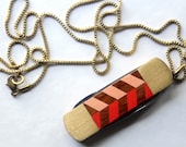 Vintage Pocket Knife Necklace with Hand Painted Chevron Stripe - Red and Peach