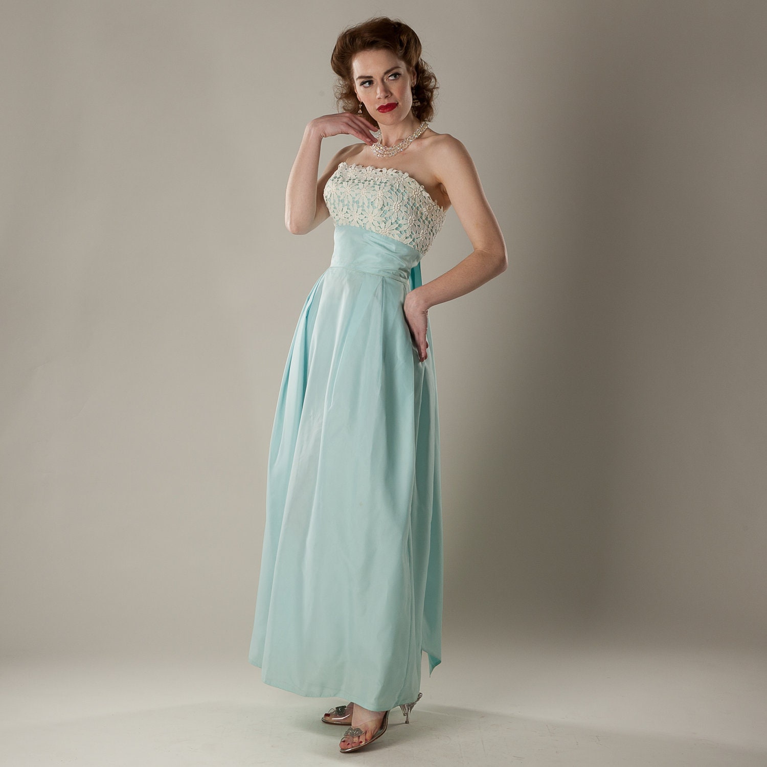 Vintage 1960s Strapless Wedding Dress Tiffany Blue Empire Waist Bridal Fashions