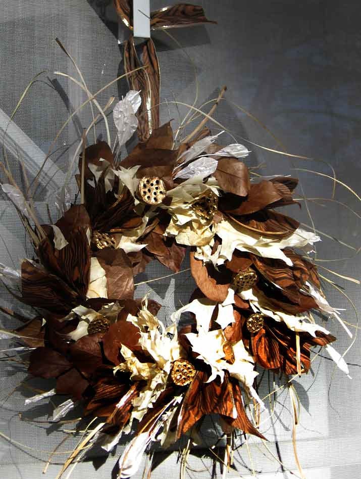 Elegant winter wreath, "Into the Woods"  neutral earthy colors with luxe touch, brown, white, gold, dried leaves-pods