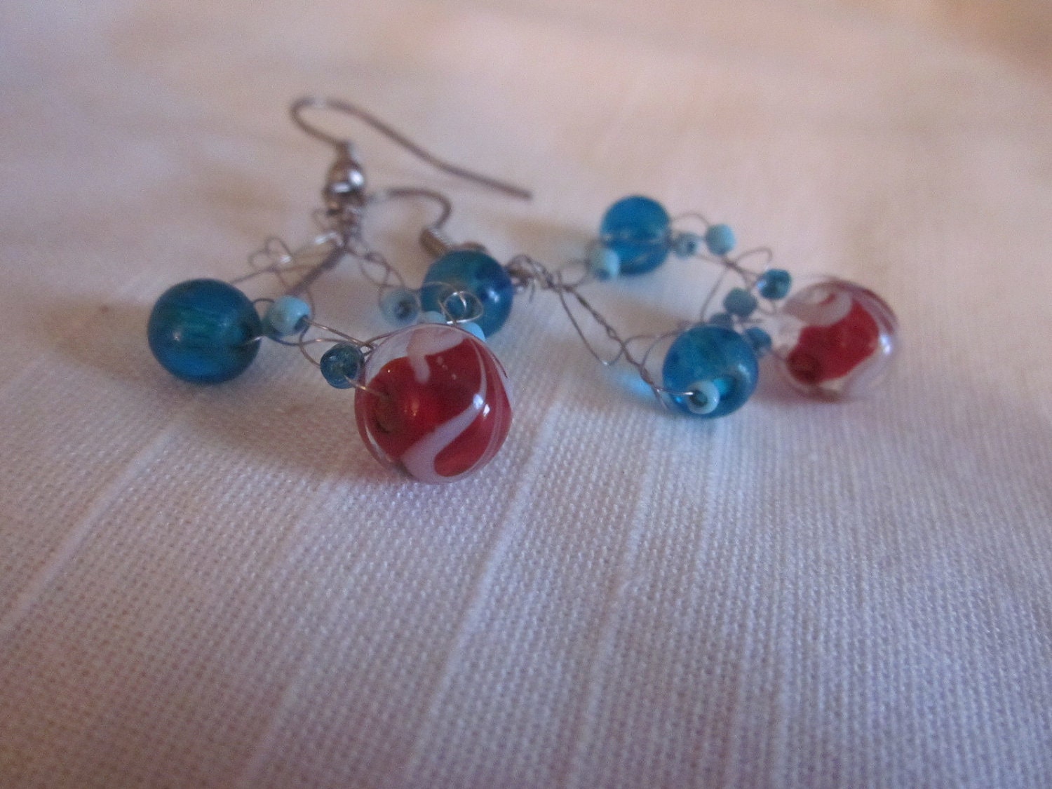 CLEARANCE Floating Beads Wire Crochet Earrings, Red, Blue, White Glass Beads, Silver Wire