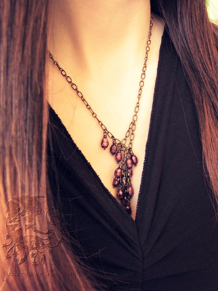 Shell Necklace - Red Freshwater Pearl Faceted Ruby Garnet Blood Antiqued Copper Gunmetal - Burgundy Wine
