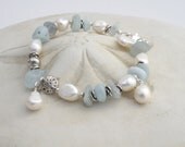 RUSTIC BEACH BRACELET, White Pearl and Aqua Blue Gemstone Bracelet by Cheydrea