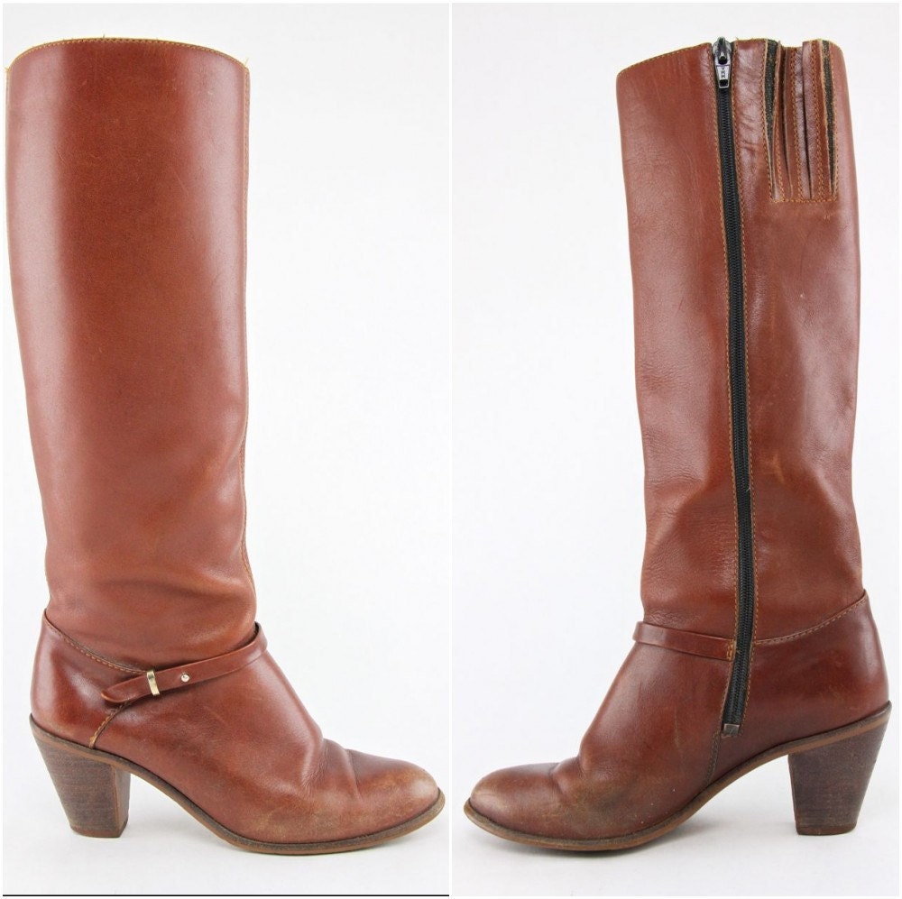 70s Equestrian Boots, chestnut brown leather stacked heel tall western boho riding boots, buckle strap harness, Autumn Fall color shoes