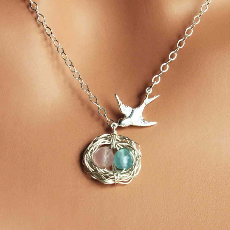 Personalized Mother's Day Gift - Two Egg, Gemstone, Bird Nest Necklace - Sterling Silver, Custom Birthstone Nest of 2 - Grandmother / Mommy