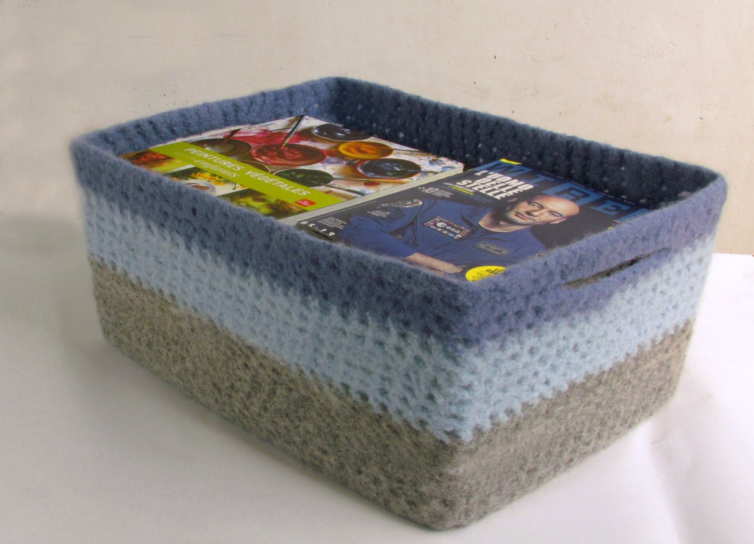 Rectangular felted wool basket - eco-friendly Organic giant bowl  - a statement piece - blue and grey - warming gift