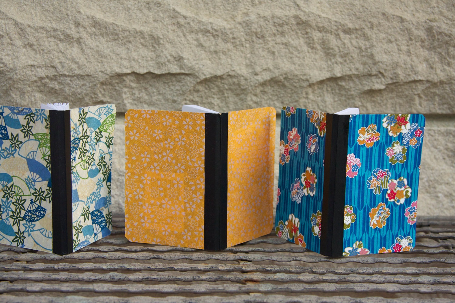 3 Teal, Orange, and Blue Fans Traditional Asian Washi paper lined notebooks