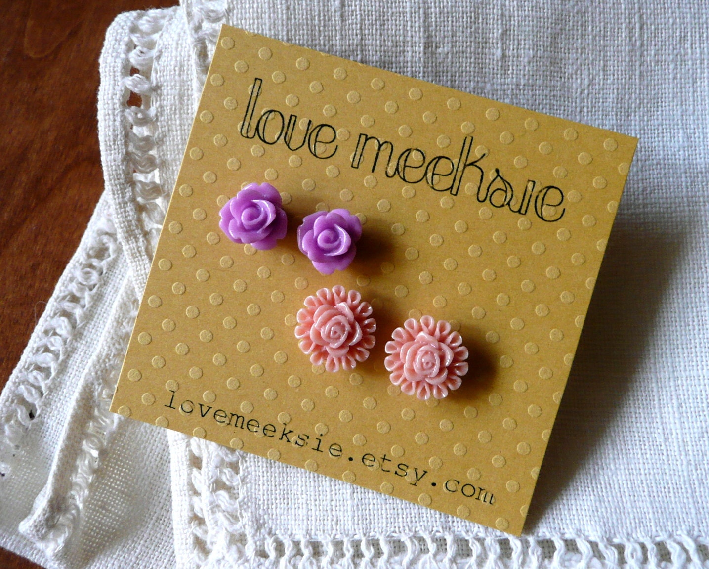pretty flowers stud post earrings, purple and pink, set of 2