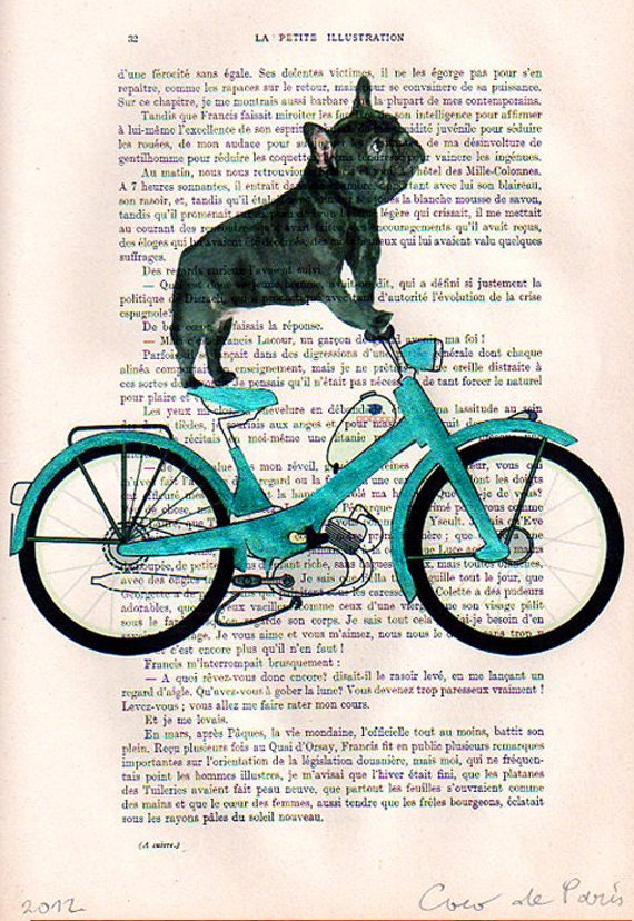 Drawing Illustration Giclee Prints Posters Mixed Media Art Acrylic Painting Holiday Decor Gifts: BULLDOG DRIVE A MOTOBIKE