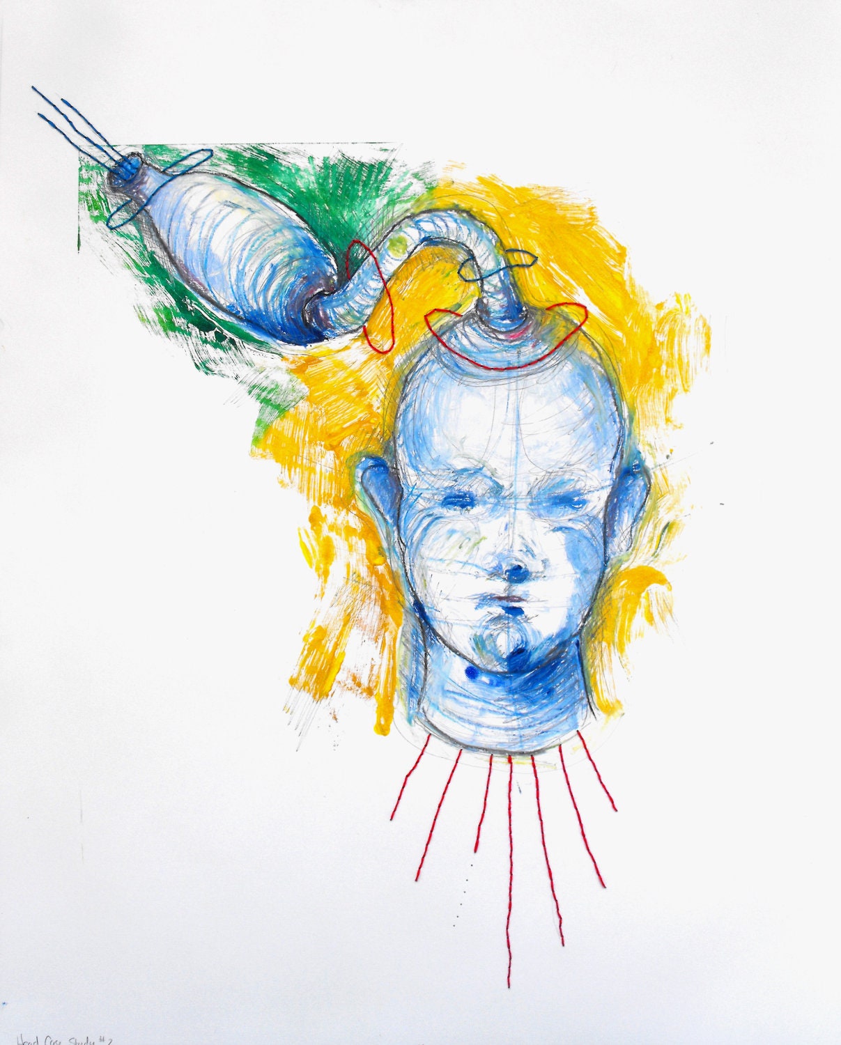 Hand-pulled monoprint- Head Case, Study 2- FREE SHIPPING