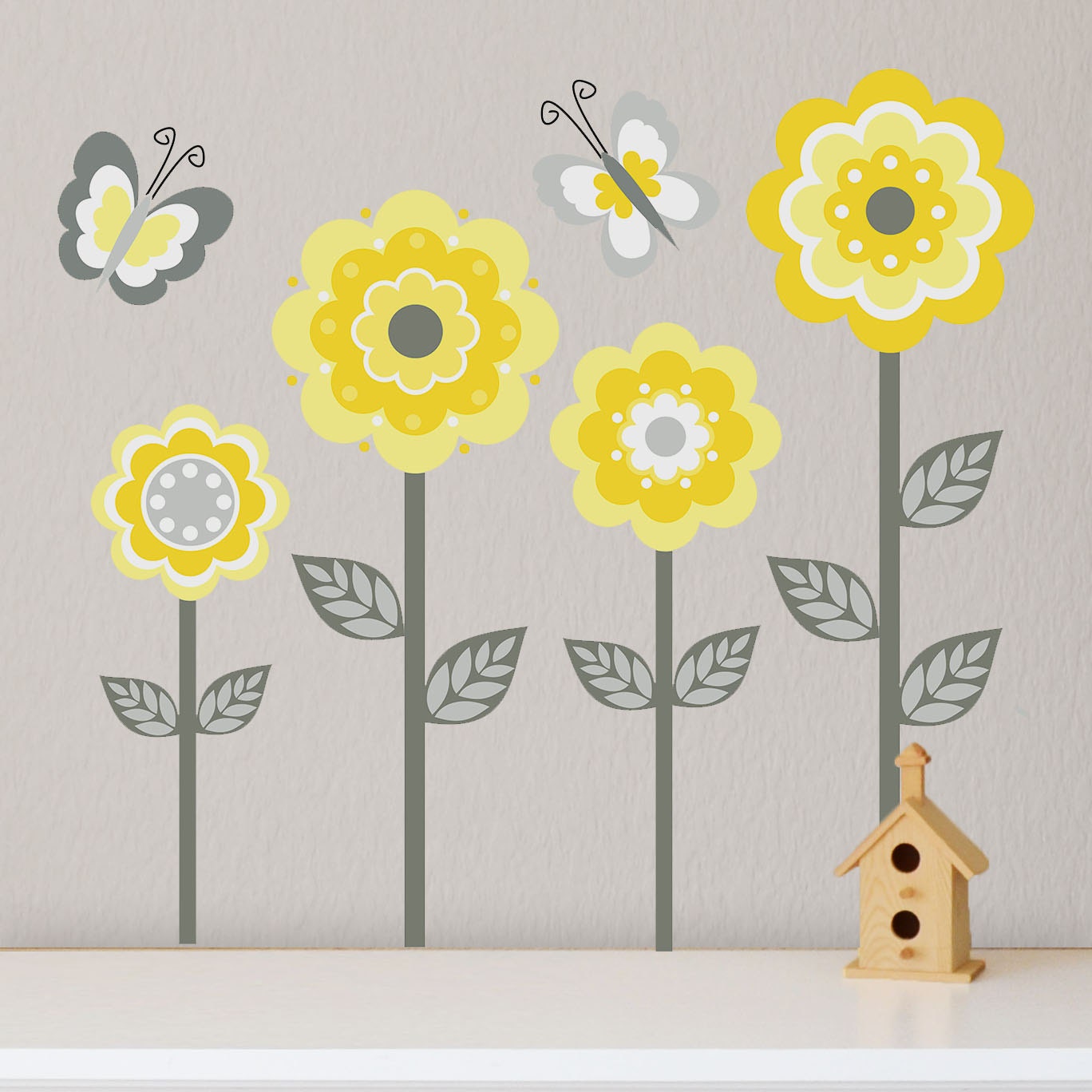 Flowers and Butterflies, Garden, Yellow and Gray Nursery,  Nursery Wall Decals, Children's Wall Decal,  Vinyl Removable Decal-Set of six