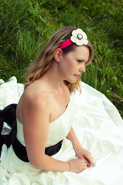 SALE Sculpted white and black anemone flower, handstiched on hot pink ribbon, offwhite clay bridal headband
