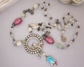 Repurposed Rhinestone Necklace, Vintage Religious Sterling Silver Charm, Blue Enamel, Pink Glass Beads, OOAK Assemblage Jewelry JryenDesigns